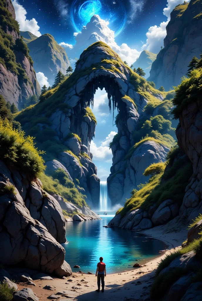 A mountain with a waterfall and some trees in the foreground々,  Above there is a lake 。 impressive fantasy landscape , an Spectacular landscapes,  fantasy matte painting ，cute, Fantasy Art Landscape, most Spectacular landscapes,  4K HD Matte Digital Painting,   spectacular fantasy landscape  , 4k high resolution digital art, Epic dreamy fantasy landscape, Spectacular landscapes, 4K Matte Paint, Ross Tran. Picturesque background 