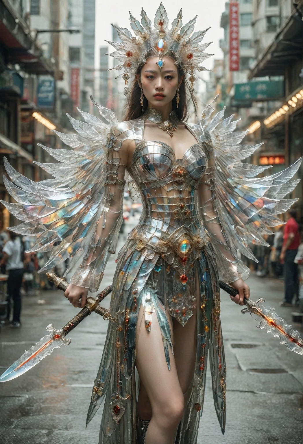 An adult Chinese fashion model wearing [short liquid sundress : elegant biomechanical armor :0.35],
an evening city street,
romantic, real life photo, film grain,
[[Sui He | Fei Fei Sun]:0.1]