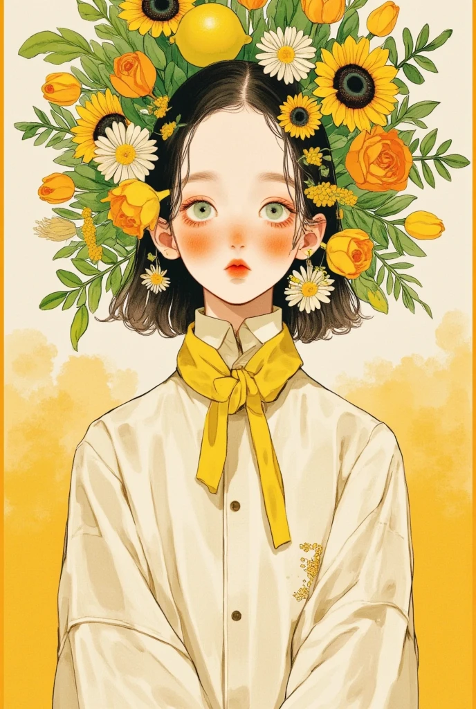 bouquet, closed eyes, closed mouth, collared shirt, daisy, dandelion, flower, gradient, gradient background, leaf, lemon, long sleeves, male focus, orange flower, plant, shirt, solo, sunflower, tulip, upper body, white flower, white shirt, yellow bow, yellow flower, yellow ribbon, yellow rose, yellow theme