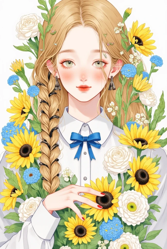 1girl, :d, black ribbon, blonde hair, blue flower, blue ribbon, blush, bouquet, braid, closed eyes, collared shirt, daisy, floral background, flower, hair over shoulder, holding, holding flower, long hair, long sleeves, neck ribbon, open mouth, orange flower, ribbon, rose, simple background, single braid, skirt, smile, solo, sunflower, twin braids, upper body, white background, white flower, white shirt, yellow flower, yellow rose