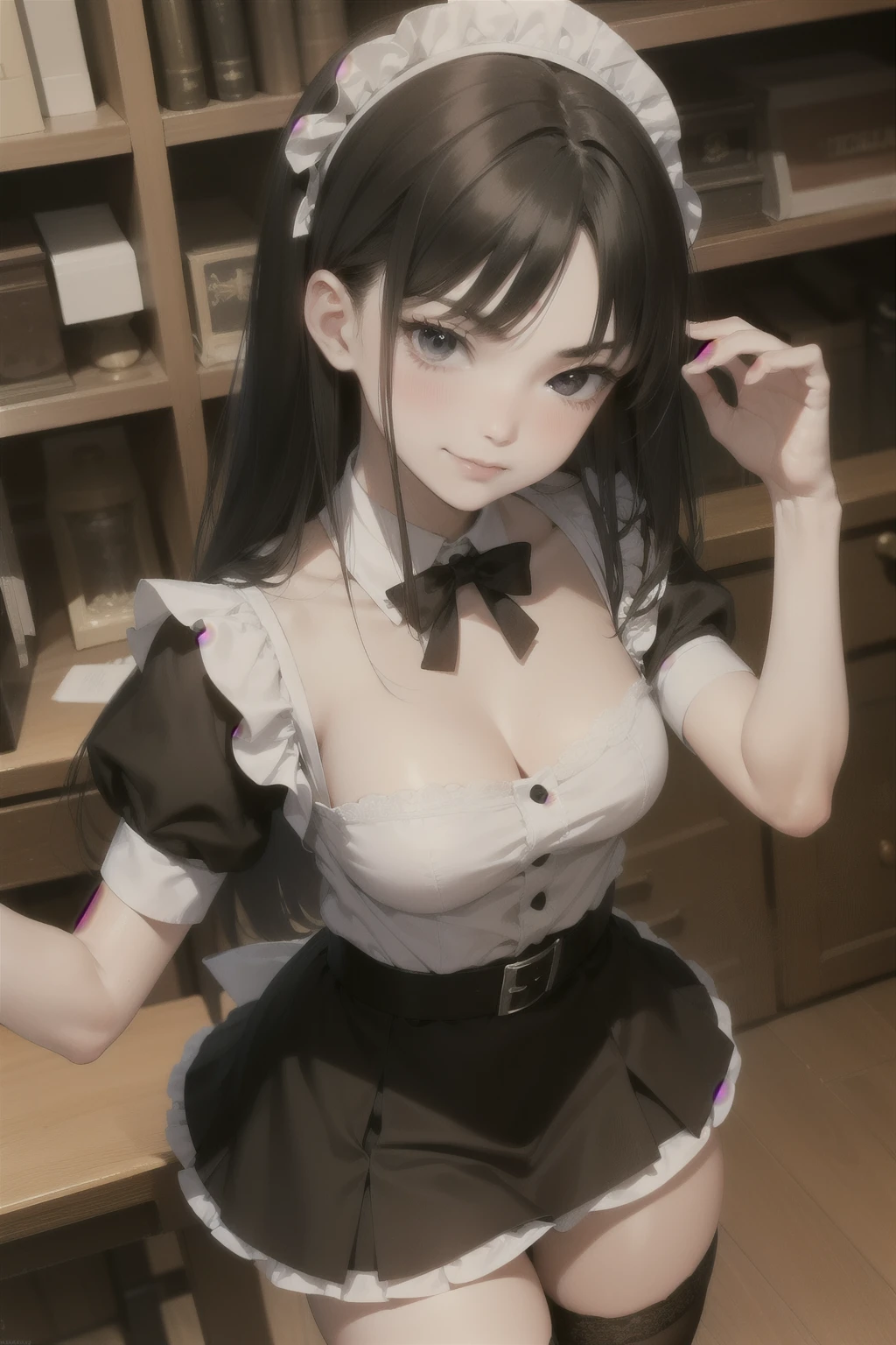 anime style ,Tomie kawakami , young girl , long  hair  ,cos  , **** body  ,  angry face smiling , blush,  Flat chest. Maid dress , maid ,  lifting her skirt showing her panties , garterbelt,  lace stockings. 