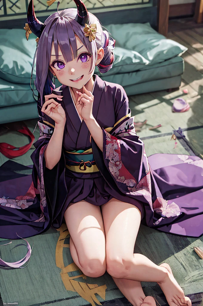 a demon with huge horns drawn onto anime picture  this picture is of a demon, 1girl, horns, shuten douji (fate), oni horns, solo, japanese clothes, feet, barefoot, foot focus, purple hair, kimono, soles, purple eyes, oni, toes, short hair, looking at viewer, smile, white background, sash, sitting, bangs, obi, skin-covered horns, short eyebrows