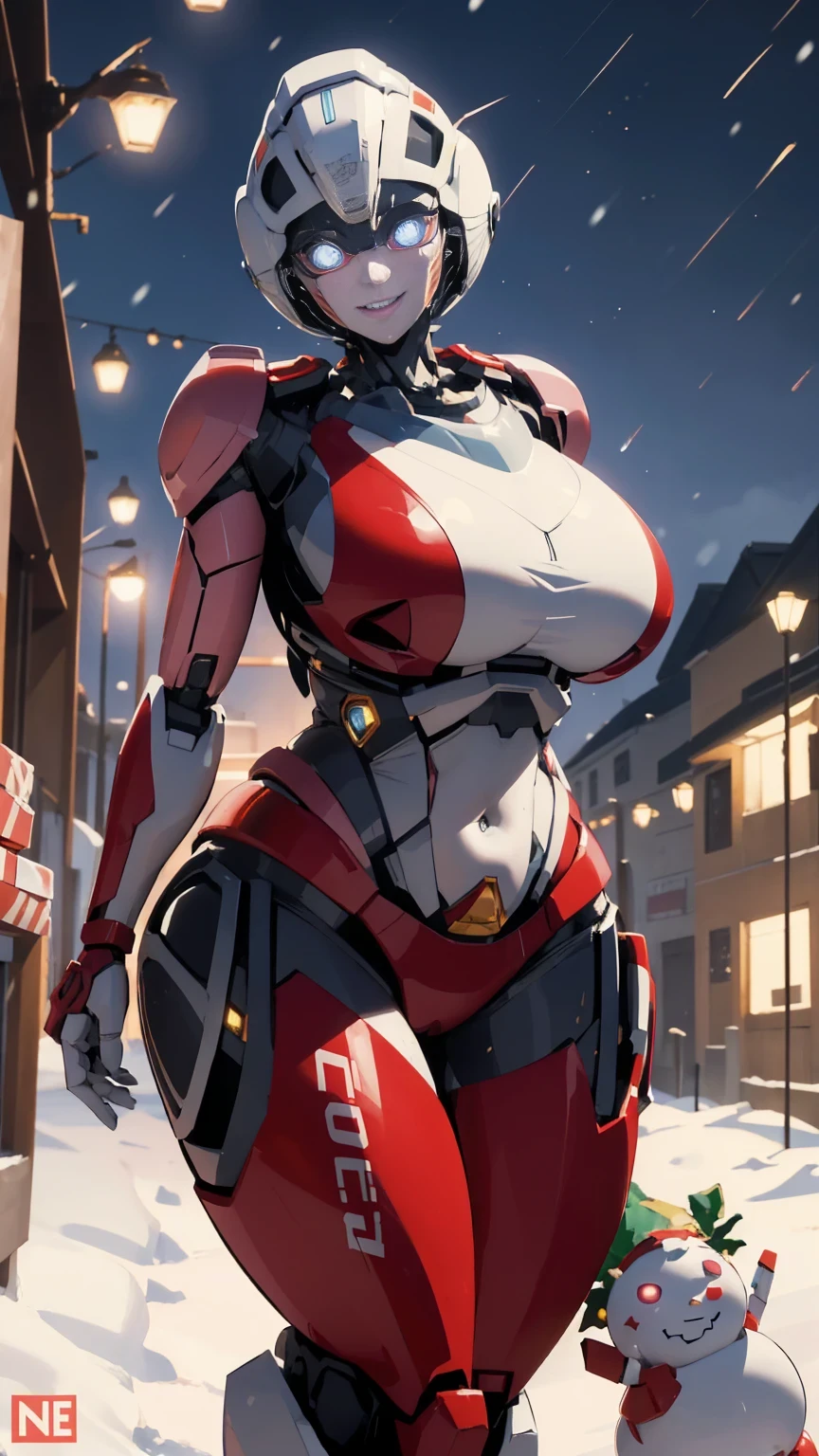 ROTB_Arcee, 1girl, big breasts, smile, robot, mecha, (glowing eyes:1.2), Christmas tree, Christmas gifts, outdoors, wide hips, navel, thick thighs, snow falling on street,