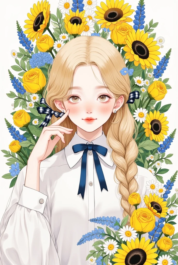 1girl, :d, black ribbon, blonde hair, blue flower, blue ribbon, blush, bouquet, braid, closed eyes, collared shirt, daisy, floral background, flower, hair over shoulder, holding, holding flower, long hair, long sleeves, neck ribbon, open mouth, orange flower, ribbon, rose, simple background, single braid, skirt, smile, solo, sunflower, twin braids, upper body, white background, white flower, white shirt, yellow flower, yellow rose