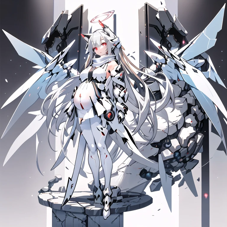 masterpiece,  best quality,  highest resolution, Clear_image,  Detailed Details , Gray Hair, Long Hair, cat ears,  1 girl, red eyes, White Pantyhose, sci-fi military clothing,  white scarf  ( white scarf  around the neckwith a light blue glow),  gray futuristic halo ( gray ring above head ), White Wings (Four Wings), cute, whole body,  No Water Marks , Space Pregnant Woman Ringetsu 