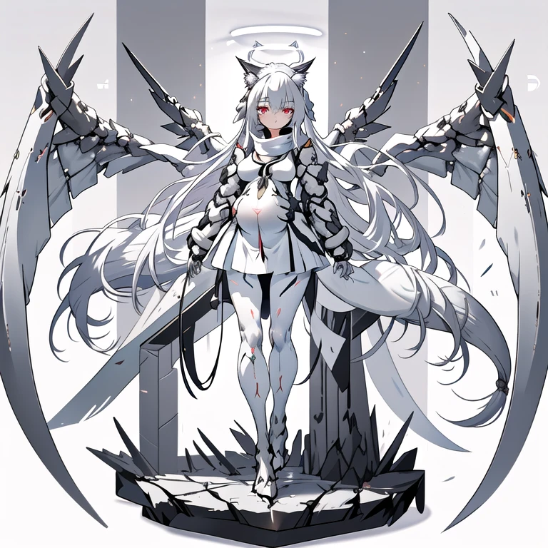 masterpiece,  best quality,  highest resolution, Clear_image,  Detailed Details , Gray Hair, Long Hair, cat ears,  1 girl, red eyes, White Pantyhose, sci-fi military clothing,  white scarf  ( white scarf  around the neckwith a light blue glow),  gray futuristic halo ( gray ring above head ), White Wings (Four Wings), cute, whole body,  No Water Marks , Space Pregnant Woman Ringetsu 