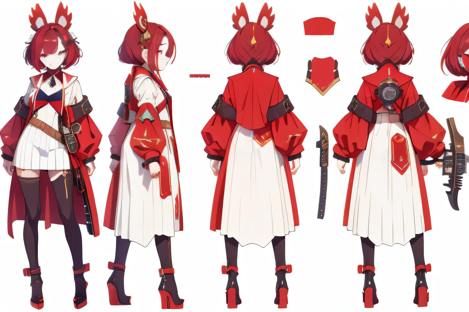 (best quality, masterpiece), character personification of dice, steampunk, cyberpunk, standing , three view drawing, front and back and side, character sheet,full body,simple background,solo, female, ((( white background))), fantasy outfit, standing, character design, full body, holding weapon,