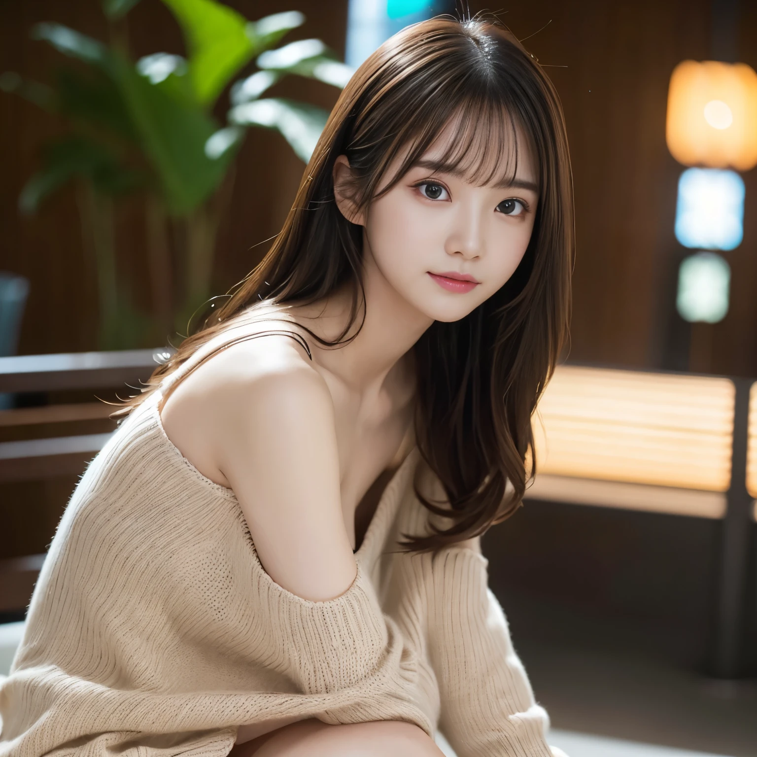 masutepiece, Best Quality, Illustration, Ultra-detailed, finely detail, hight resolution, 8K Wallpaper, Perfect dynamic composition, Beautiful detailed eyes, Natural Lip, knit open chest、knit gray knit dress , Same as, cleavage, Cross legs