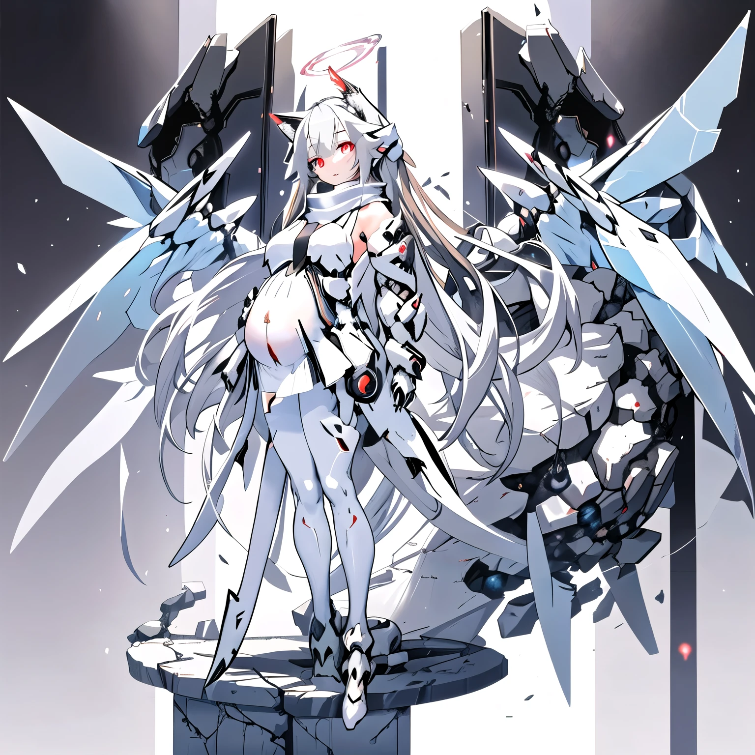 masterpiece,  best quality,  highest resolution, Clear_image,  Detailed Details , Gray Hair, Long Hair, cat ears,  1 girl, red eyes, White Pantyhose, sci-fi military clothing,  white scarf  ( white scarf  around the neckwith a light blue glow),  gray futuristic halo ( gray ring above head ), White Wings (Four Wings), cute, whole body,  No Water Marks , Space Pregnant Woman Ringetsu 