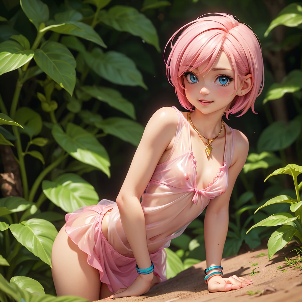 thick lips, ((((very cute and tiny body)))), ((small cute breast)), necklace, bracelets, lean forward, (((pink short hair))), cute smile, teeth, light blue eyes, in love, gold dress, (see-through nipple), from side, in forest,