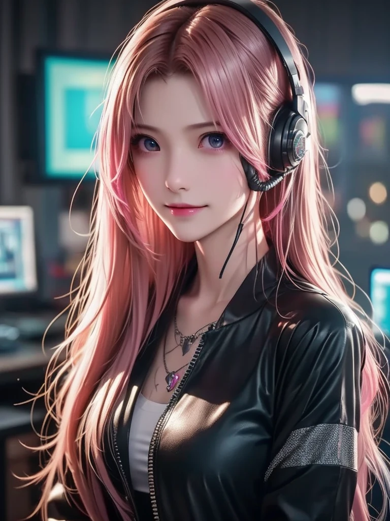 masterpiece, 1 beautiful girl, Detailed eye, Swollen eyes, top-quality, 超A high resolution, (reality: 1.4), 电影灯光, japanes, a asian beauty, very extremely beautiful, Beautiful skins, A slender, Forward-facing body, (A hyper-realistic), (hight resolution), (8K), (ighly detailed), ( Best Illustration), (beautifully detailed eyes), (ultra-detailliert), 详细的脸, Bright lighting, Professional lighting、The background is a cyberpunk room with many monitors、The cord is connected from the costume、Hair color is red、headset on head、small tattoo on face、Female Game Commentator、Facing straight ahead、short-hair、