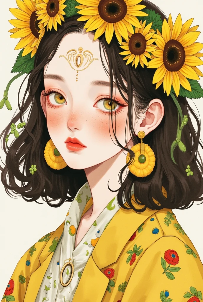 Close-up of a person wearing a wreath, Beautiful sunflower anime girl, Girl with a wreath, Painted face girl, Lovely art style,  artstration trend ,  Flowers around ,  cute girl anime vision , Anime style illustration, Close-up shot of a woman holding a vase with flowers ,  anime style portrait ,  beautiful anime style , Beautiful anime portrait