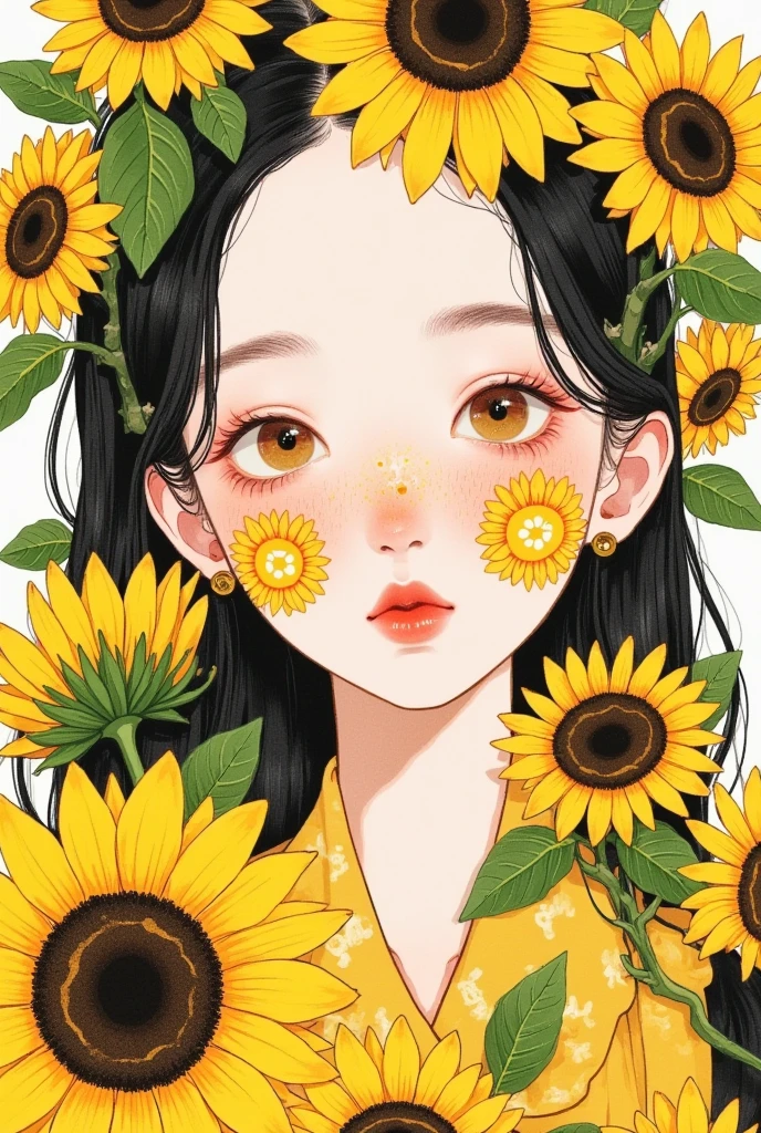 Close-up of a person wearing a wreath, An animated comic work drawn by Ni Duan, pixiv, Serial Art, Beautiful sunflower anime girl, Girl with a wreath, Painted face girl, Lovely art style,  artstration trend ,  Flowers around ,  cute girl anime vision , Anime style illustration, Close-up shot of a woman holding a vase with flowers 