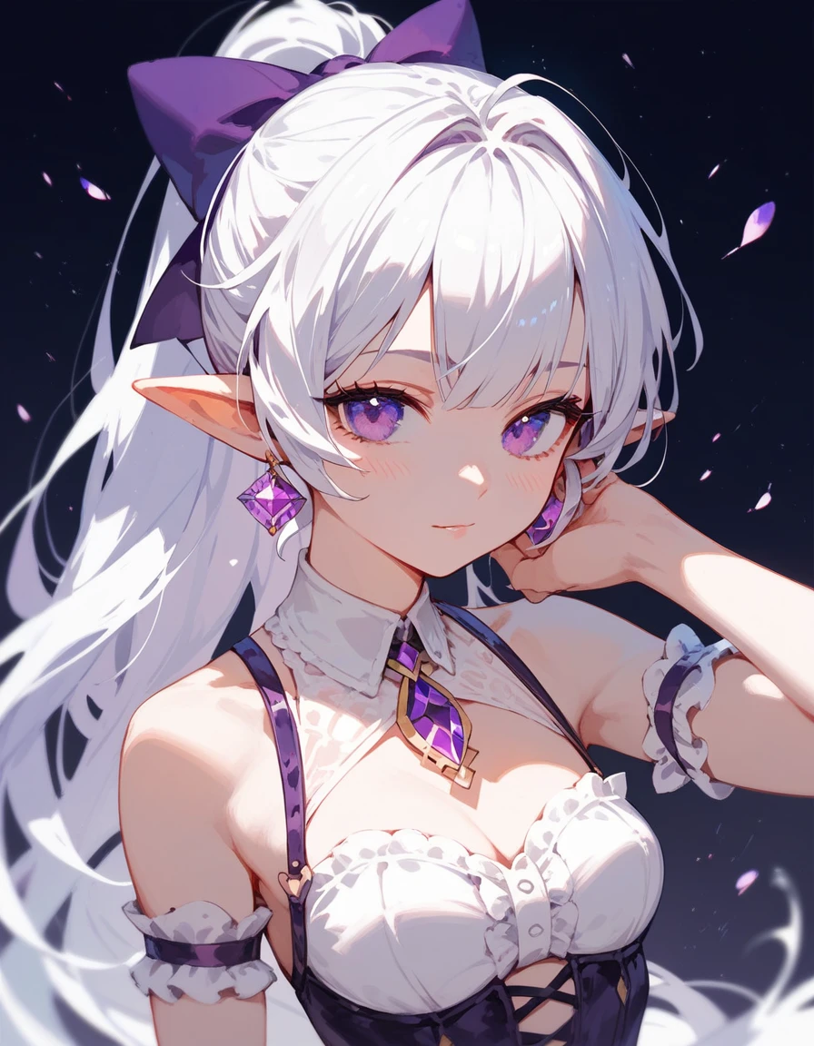 girl,White hair, Ponytail, in purple eyes,Pointed ears,Idol, Medium Breasted