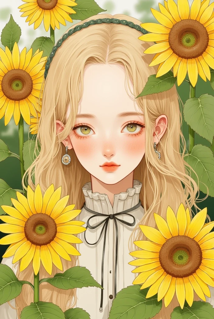 A woman with long blond hair and a bow tie is surrounded by sunflowers, Beautiful sunflower anime girl, Lovely art style,  artstration trend , Lovely realistic portrait , Soft anime illustrations, Exquisite painting style,  cute anime girl portrait , Anime style illustration,  cute girl anime vision ,  beautiful anime style ,  a beautiful art illustration , Beautiful anime portrait