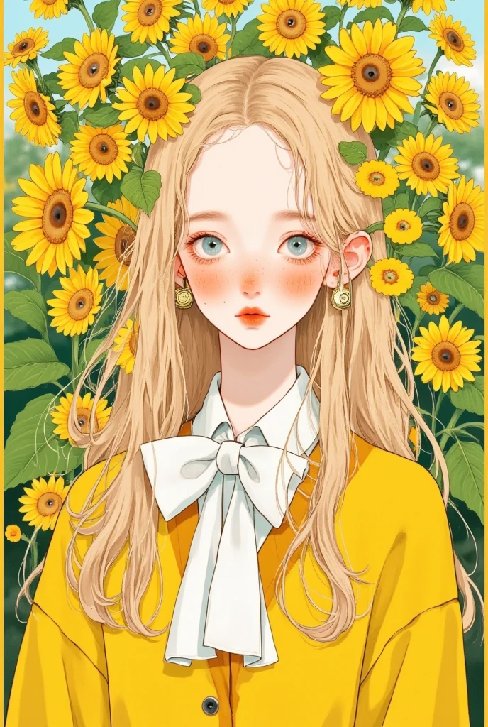 A woman with long blond hair and a bow tie is surrounded by sunflowers, An animated comic work drawn by Ni Duan, pixiv, Serial Art, Beautiful sunflower anime girl, Lovely art style,  artstration trend , Lovely realistic portrait , Soft anime illustrations, Exquisite painting style,  cute anime girl portrait , Anime style illustration,  cute girl anime vision ,  beautiful anime style 