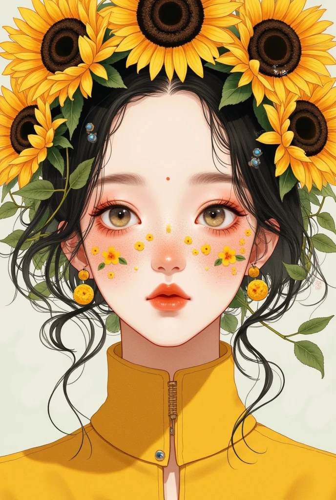 Close-up of a person wearing a wreath, Beautiful sunflower anime girl, Girl with a wreath, Painted face girl, Lovely art style,  artstration trend ,  Flowers around ,  cute girl anime vision , Anime style illustration, Close-up shot of a woman holding a vase with flowers ,  anime style portrait ,  beautiful anime style , Beautiful anime portrait