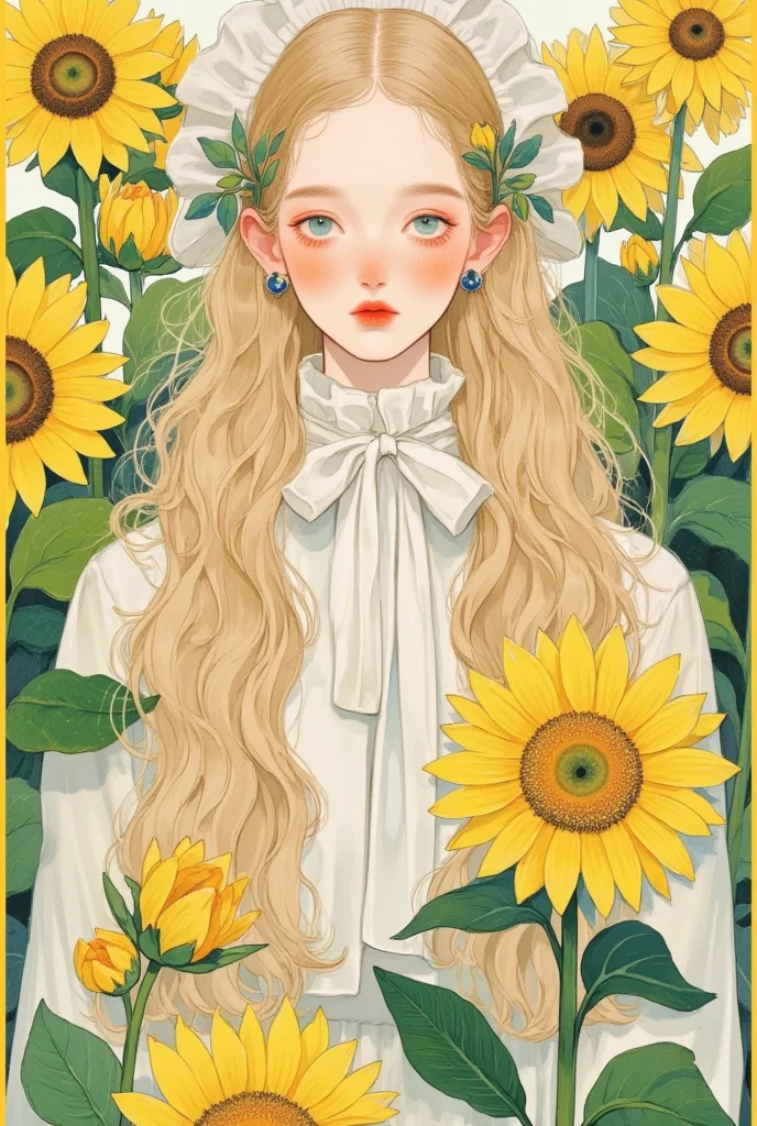 A woman with long blond hair and a bow tie is surrounded by sunflowers, Beautiful sunflower anime girl, Lovely art style,  artstration trend , Lovely realistic portrait , Soft anime illustrations, Exquisite painting style,  cute anime girl portrait , Anime style illustration,  cute girl anime vision ,  beautiful anime style ,  a beautiful art illustration , Beautiful anime portrait