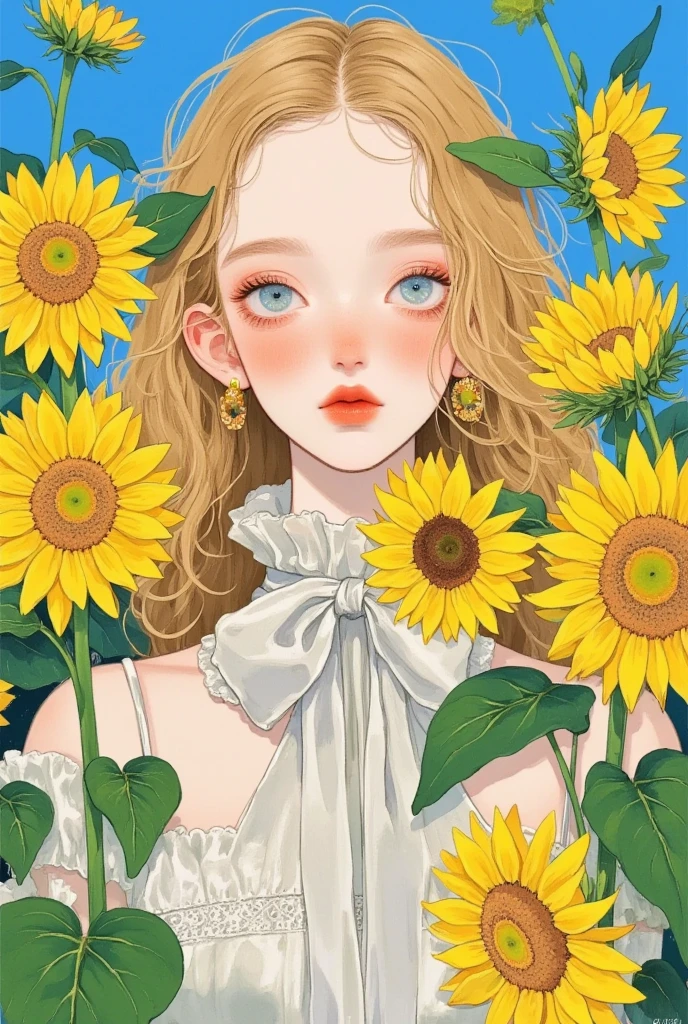 A woman with long blond hair and a bow tie is surrounded by sunflowers, An animated comic work drawn by Ni Duan, pixiv, Serial Art, Beautiful sunflower anime girl, Lovely art style,  artstration trend , Lovely realistic portrait , Soft anime illustrations, Exquisite painting style,  cute anime girl portrait , Anime style illustration,  cute girl anime vision ,  beautiful anime style 