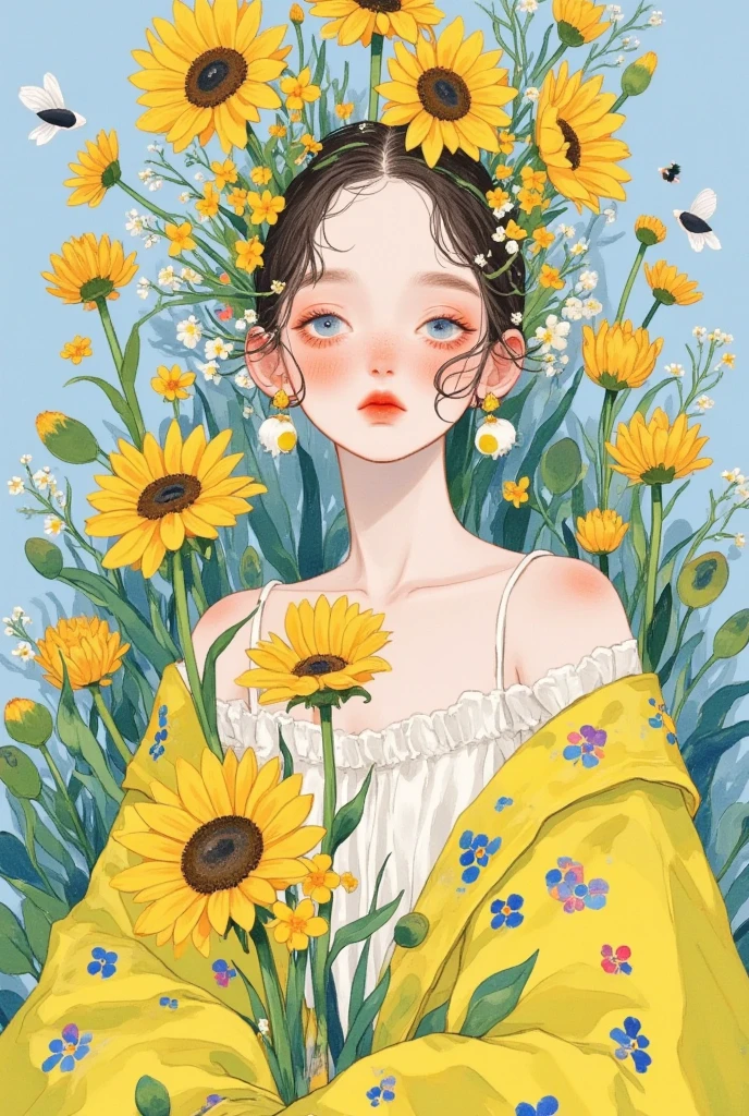  illustration of a woman wearing a flower crown on her head, Soft anime illustrations, Beautiful sunflower anime girl,  artstration trend , author：Kojima Ayami, Girl with a wreath, She is wearing a flower crown , Aesthetic Portraits, Lovely art style, Painted face girl,  Flowers around , Girl in the flowers, Flower Empress