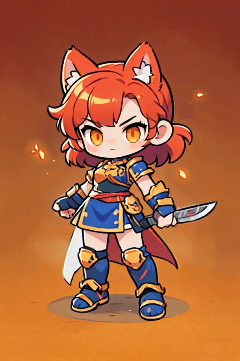   Cute Female Warrior Style  ,   European RPG Warriors   , Golden Iron Armor ,  Natural background.   red hair,  tied hair , cat ears, golden and red iron armor costume,  Full Body Protection   ,  Orange eyes ,  Stylish Poses  ,  half side ,  dynamic battle pose,  Wielding a Long Knife . Upper body cut