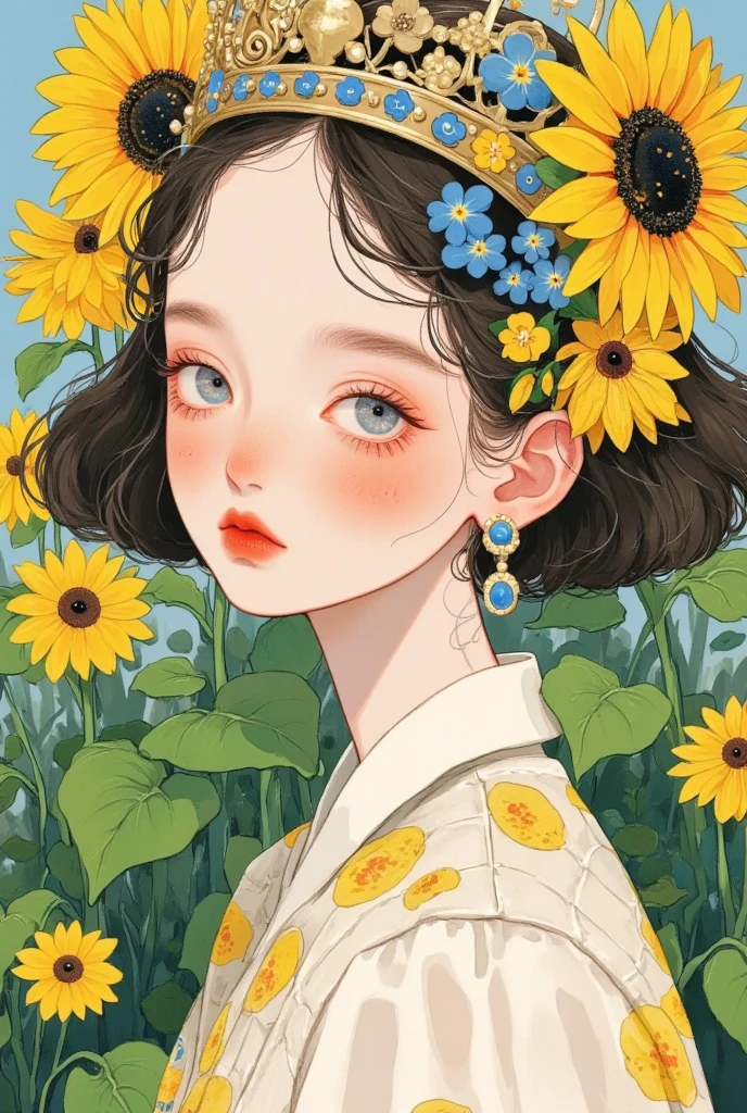  illustration of a woman wearing a crown on her head,  animated drawing by Ayami Kojima , pixiv, Aestheticism,  soft anime illustration , Beautiful sunflower anime girl,  artstration trend , Girl with a wreath, She wears a flower crown , Aesthetic Portraits, Lovely art style, Painted face girl,  Flowers around , Girl in the flowers