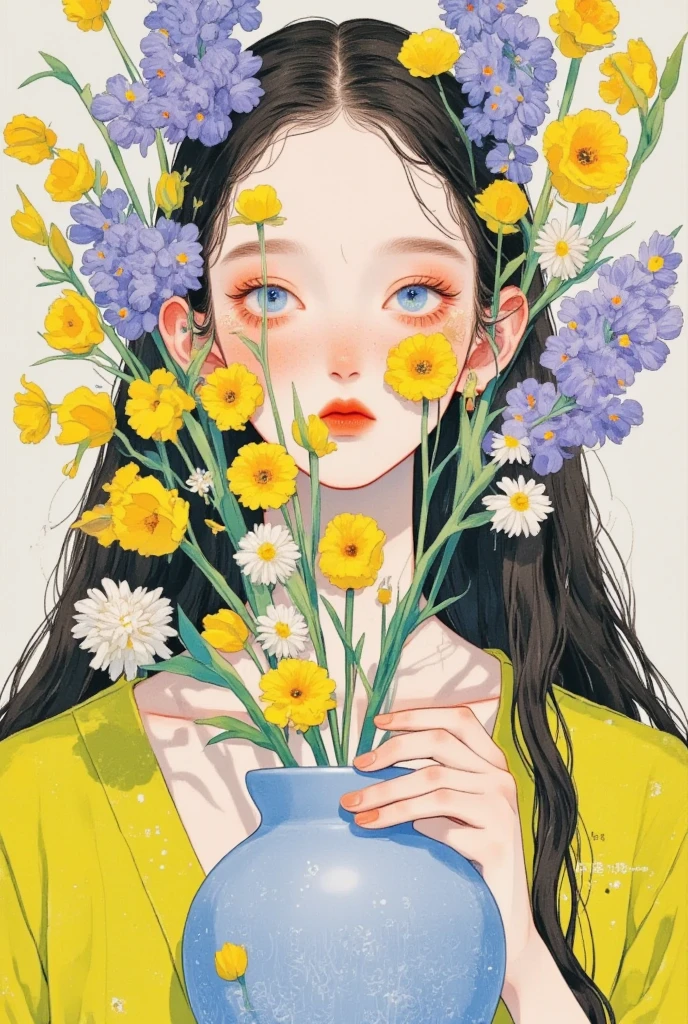 illustration of a woman with Flowers  covering her face, with Flowers  around it,  artstration trend , author：Kojima Ayami, Soft anime illustrations, Dream illustration , Close-up shot of a woman holding a vase with flowers , 脸颊上Flowers , Middle Yuan Festival, Flowers , 花卉艺术协会, tone, She is wearing a flower crown , Mature sexy young woman using bowater 