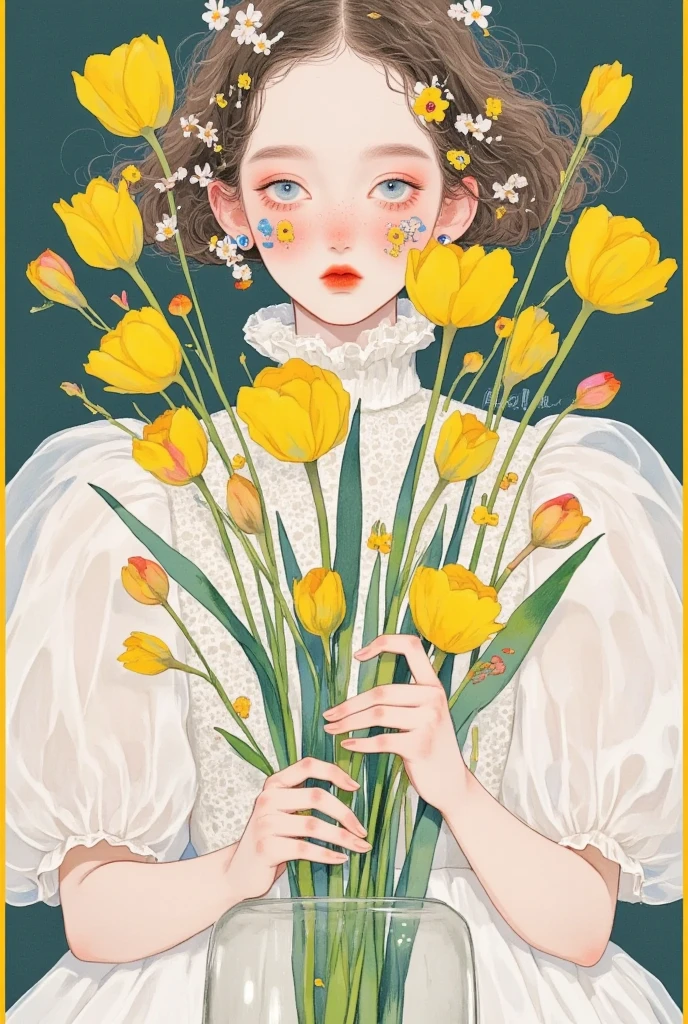 illustration of a woman with Flowers  covering her face, 小岛彩美的数字画作, pixiv, , with Flowers  around it,  artstration trend ,  soft anime illustration , Dream illustration , Close-up shot of a woman holding a vase with flowers , 脸颊上Flowers , Middle Yuan Festival, Flowers , 花卉艺术协会, She wears a flower crown 