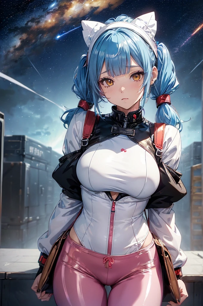 Anime woman in night city with colored lights shining on her skin, short white and pastel blue pink colored hair, pastel purple eyes, huge breasts, deep cleavage, dyed pastel colored hair, hair naturally white, highly detailed background, 8k wallpaper, (detailed face and eyes:1.4), (detailed hair:1.3), (warm lighting:1.5), (dynamic angle), (dynamic pose), (dynamic background), (visceral experience), intense emotion, high detailed eyes, (shadows), (RGB LED lighting), short hair, hair naturally white dyed pink blue and green, colorful lights glow, cyberpunk edgerunners, skimpy outfit, exposed midriff, high hipsters, red eyeshadow.