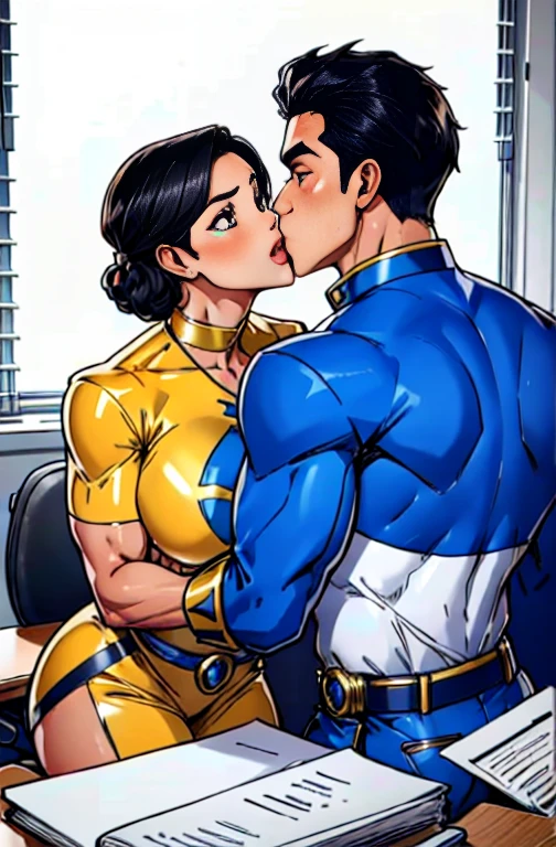   Power Rangers Costume, Tall, good-looking handsome boy,   Sexy Body on Desk ,  beautiful woman kisses , Boy surprised .