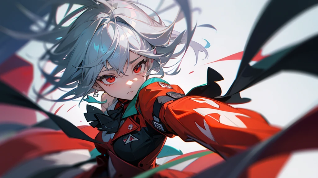 anime, anime style, depth of field, drop shadow, out of frame, social media composition, symmetry, pov, atmospheric perspective, perspective, UHD, masterpiece, accurate, anatomically correct, textured skin, super detail, high details, high quality, award winning, best quality, highres, 16k, girl, silver hair, red eyes, action, fighting scene