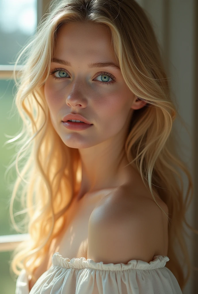 full body shot, 1girl in, alluring teenager, Solo, Aesthetic artwork, blond, straight blonde hair, super long blonde hair, light blue eyes, some small freckles, pale skin, small breasts, runners body, (thin hips, thin waist: 1.25), detailed skin, shy smile, (full body: 1.1), 24mm, 4k textures, soft cinematic light, RAW photo, photorealism, photorealistic, intricate, elegant, highly detailed, sharp focus, ((((cinematic look)))), soothing tones, insane details, intricate details, hyperdetailed, low contrast, soft cinematic light, dim colors, exposure blend, hdr, faded