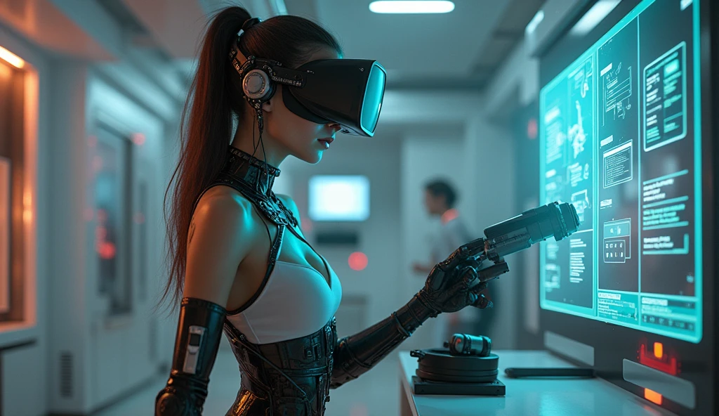 Cyborg girl,wearing virtual glasses with a joystick , plays in the room with his tongue on his side, lots of details, cleavage, high quality, realism