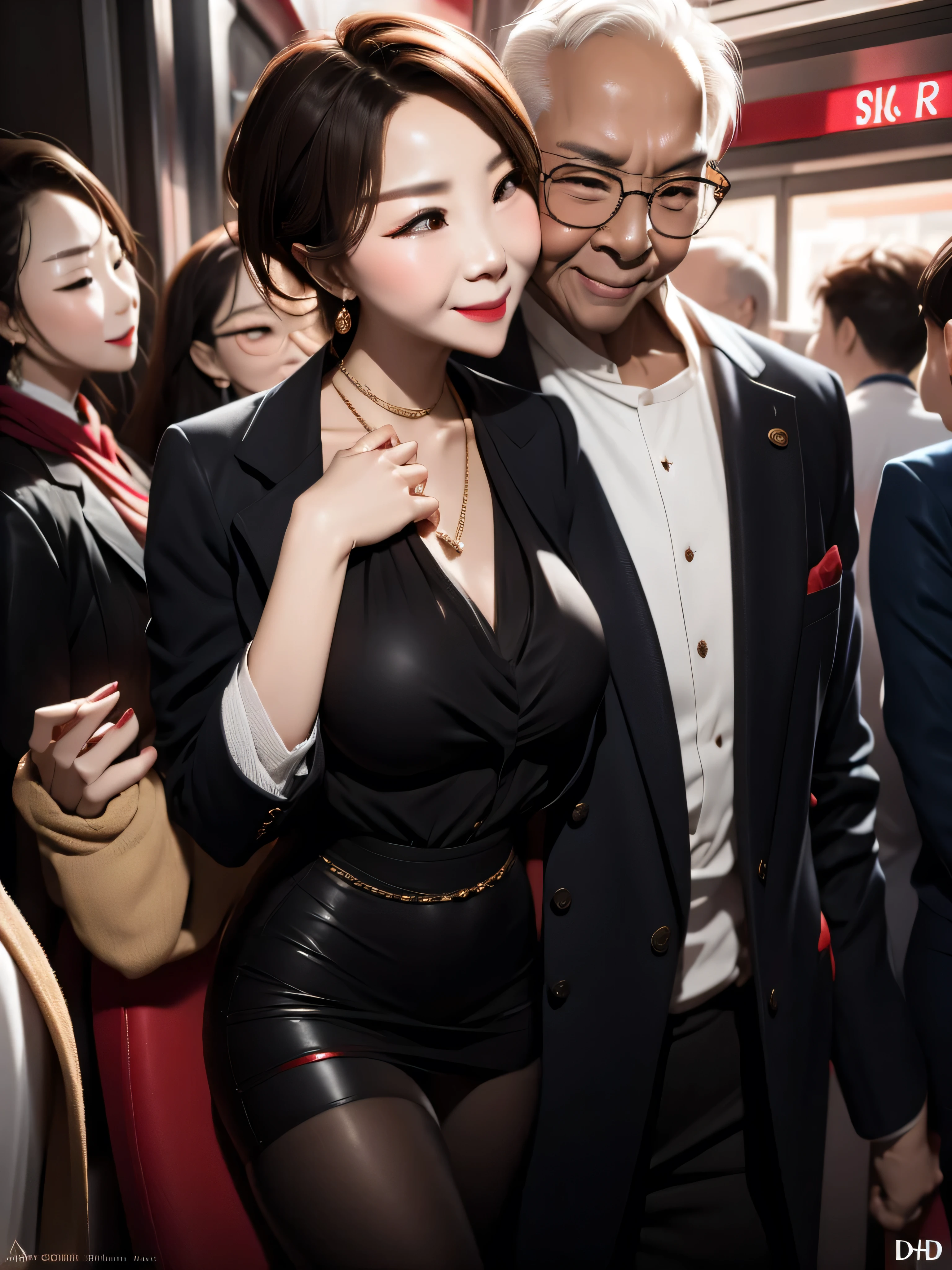 A beautiful woman wearing a revealing skirt suit, her elderly husband hugged and kissed her from behind in the crowded crowd, UHD, masterpiece, textured skin, super detail, best quality, 8k.