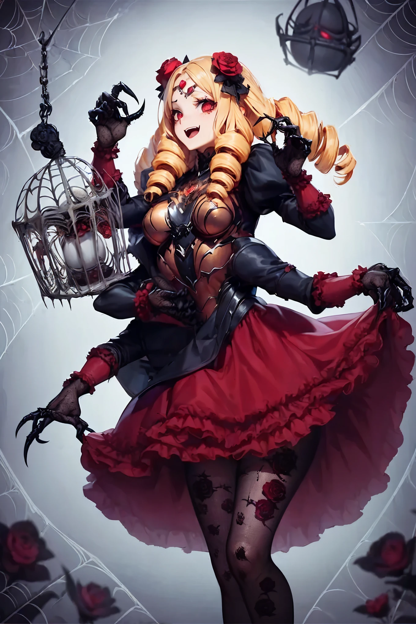 Horror eyes. Black and red dress. Frills. Dark fantasy. Multiple arms. Sharp claws. Spider web tattoo on face. Rib-style armor. Carries a lantern in hand. Spider web dress. Insect legs. Spider-themed hair accessory. Spider web patterned tights. Lace gloves. Spider eyes on forehead. Scornful expression. Rose flower.