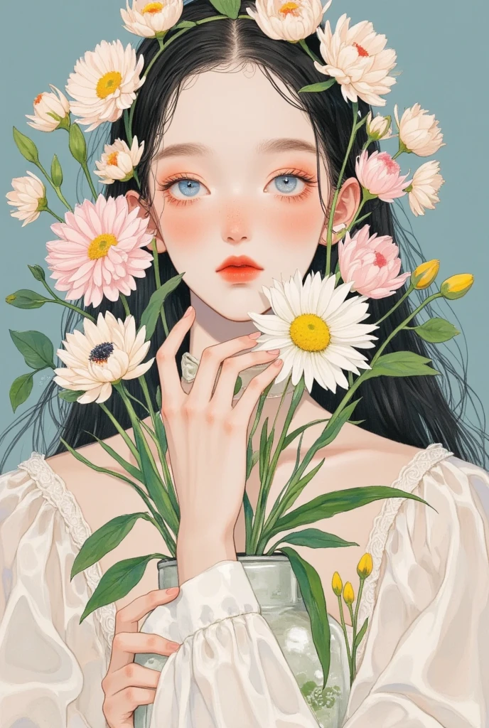 illustration of a girl wearing a flower crown on her head,  artstration trend , Soft anime illustrations,  Flowers around , 脸颊上的花朵, Lovely art style, Painted face girl, Close-up shot of a woman holding a vase with flowers , Aesthetic Portraits,  Lovely illustrations , Mature sexy young woman using bowater , Girl with a wreath,  exquisite digital art , Exquisite painting style