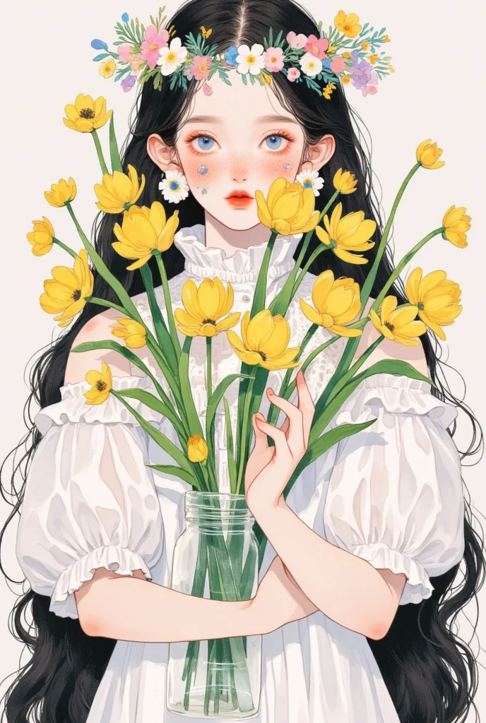 illustration of a girl wearing a flower crown on her head, 小岛彩美的数字画作, pixiv, Aestheticism,  artstration trend , Soft anime illustrations,  Flowers around , 脸颊上的花朵, Lovely art style, Painted face girl, Close-up shot of a woman holding a vase with flowers , Aesthetic Portraits,  Lovely illustrations , Mature sexy young woman using bowater 