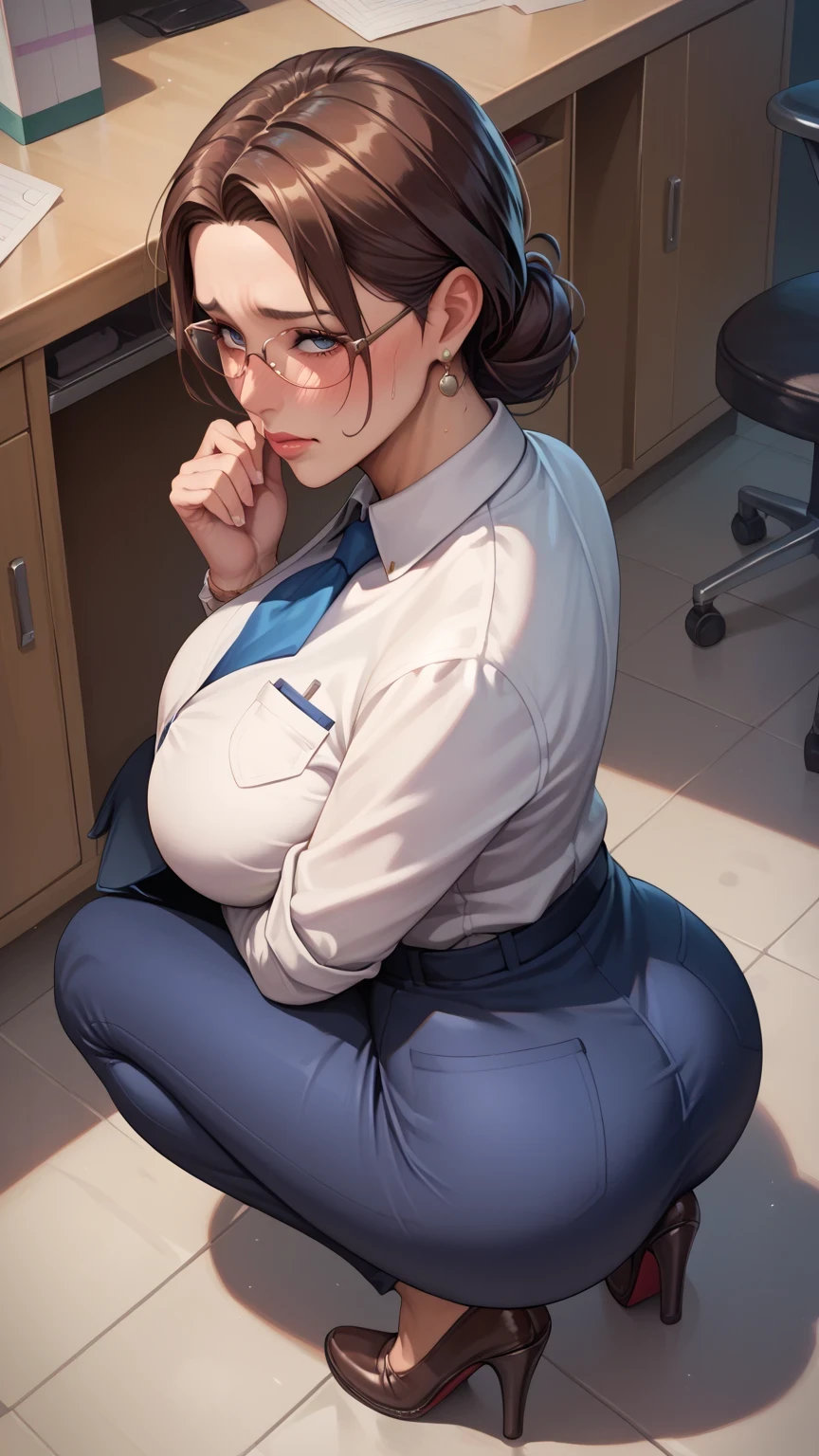 Score_9, Score_8_up, Score_7_up, Score_6_up, Score_5_up, Score_4_up, Source_anime, Tag1, Tag2, Best quality, High quality, Detailed, High resolution, 8k, Ultra high res, Soft saturation, Professional quality, Perfect contrast, Perfect litthing, Anatomically correct, Huge breasted, Wide hips, Gargantuan butt, Sensual woman, mature female, milf, motherly, Embarrassed, shy, seductive BREAK high-angle view, fully clothed, Squatting, leaning back