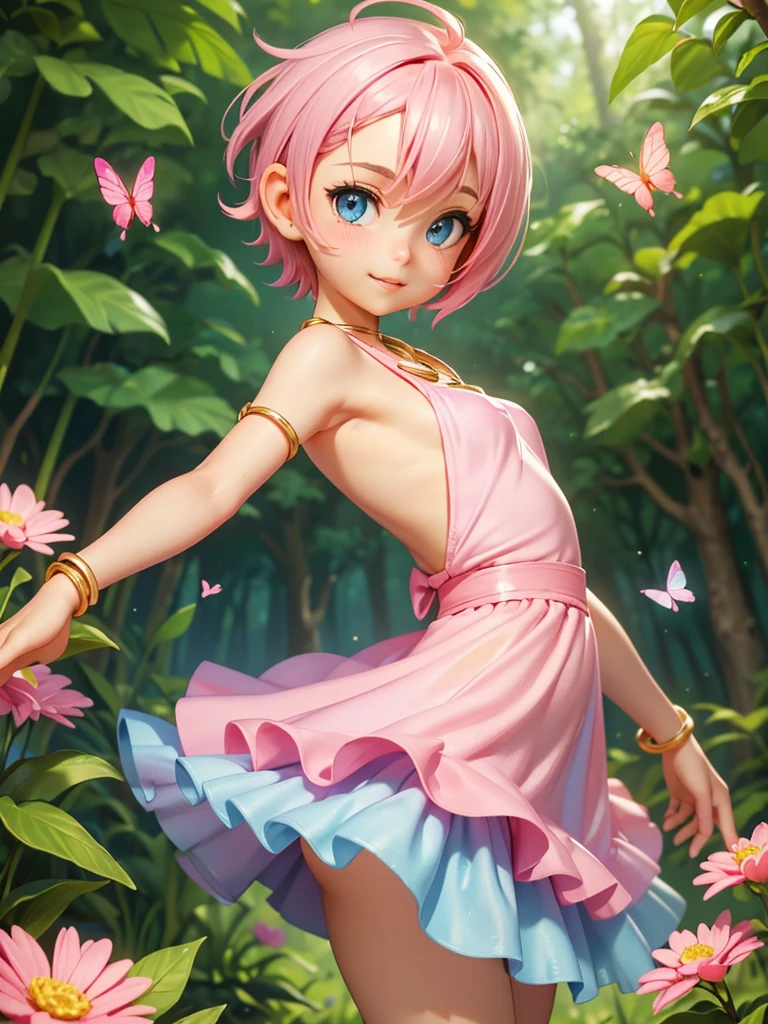 thick lips, ((((very cute and tiny body)))), ((small breast)), necklace, bracelets, lean forward, (((pink short hair))), cute smile, teeth, light blue eyes, in love, ((golden dress)), from side, in forest, ((dancing)), butterflies, flowers, ((sliding over branche))