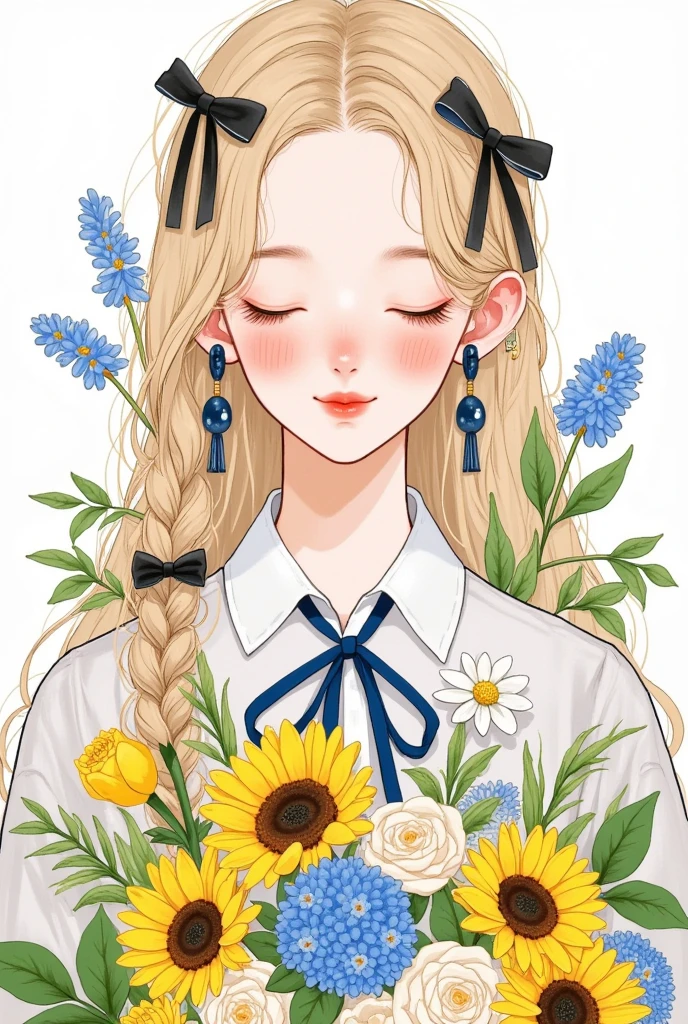 1girl, :d, black ribbon, blonde hair, blue flower, blue ribbon, blush, bouquet, braid, closed eyes, collared shirt, daisy, floral background, flower, hair over shoulder, holding, holding flower, long hair, long sleeves, neck ribbon, open mouth, orange flower, ribbon, rose, simple background, single braid, skirt, smile, solo, sunflower, twin braids, upper body, white background, white flower, white shirt, yellow flower, yellow rose