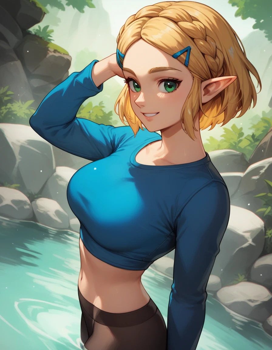 source_anime, best quality, clear face, 1girl, solo, Zelda, Totk, blonde hair, short hair, green eyes, medium breasts, cowboy shot, looking at viewer, black leggings, blue shirt, long sleeve, smile, dynamic angle, from front, front of rock, cave hot spring 