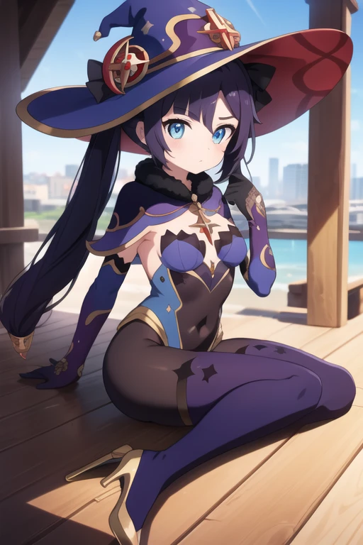 monamegistus, mona, blue eyes, hair between eyes, twintails, very long hair, purple hair, hat, (small breast:1.2), witch hat,
BREAK black bodysuit, black gloves, blue sleeves, bodysuit, capelet, covered navel, detached sleeves, gloves, high heels, leotard, long hair, long sleeves, multicolored sleeves, purple capelet, purple sleeves, strapless, strapless leotard,
BREAK outdoors, city,
BREAK looking at viewer,
BREAK (masterpiece:1.2), best quality, high resolution, unity 8k wallpaper, (illustration:0.8), (beautiful detailed eyes:1.6), extremely detailed face, perfect lighting, extremely detailed CG, (perfect hands, perfect anatomy),