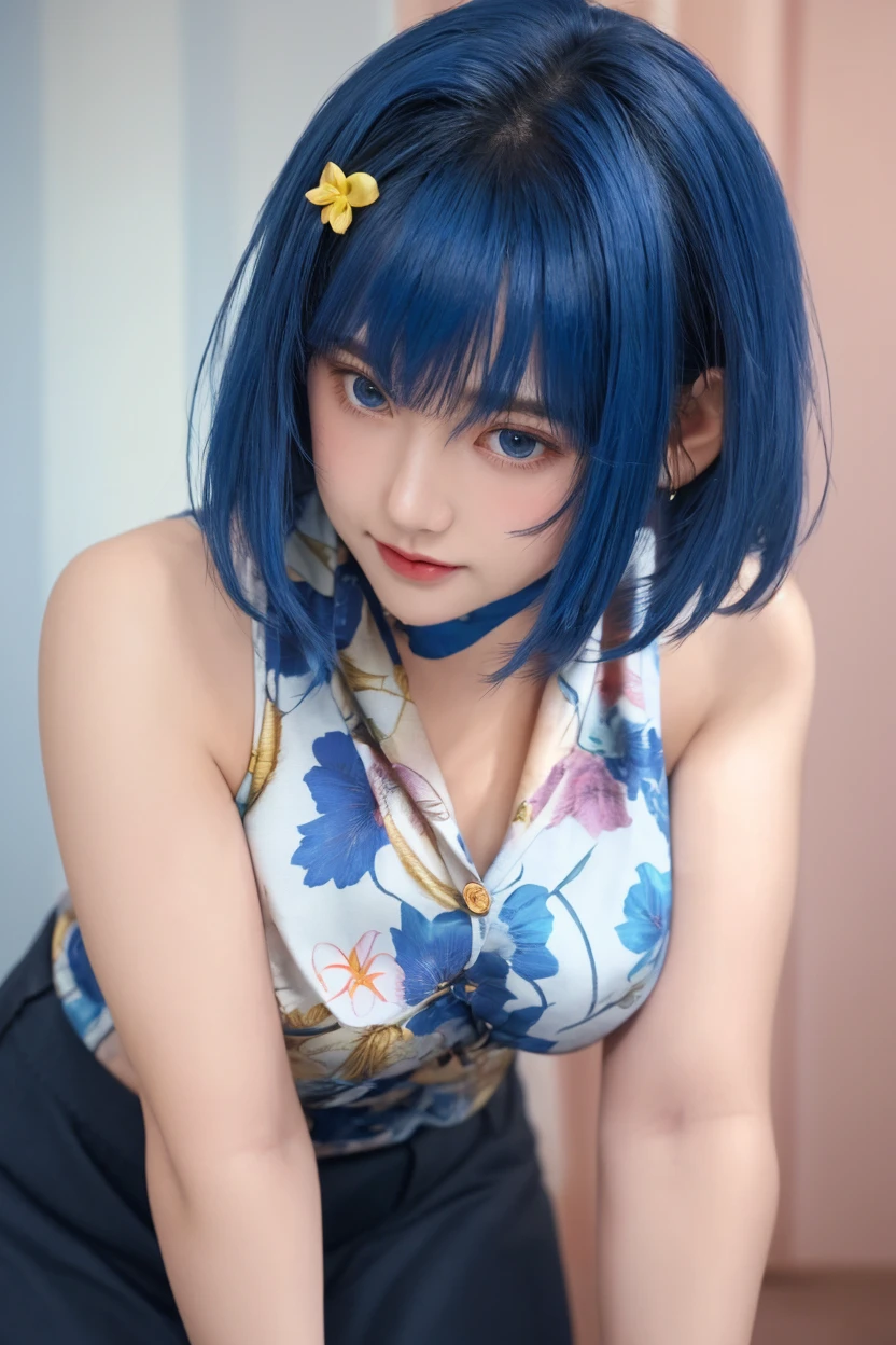 the same,
One Woman,

Blue Hair,
(Short Hair.05),Ashime,straight,

((Flower petal hair ornament)),

Natural skin texture,Big boobs,Narrow waist,
Pink Lipstick,

black furisode,Kimono,

temple,Outdoor,flower bed,

Slightly larger breasts,expression(Puzzled),Healthy attitude,
Closed Mouth,blush,from the front,forward leaning posture,
Squint your eyes,

Natural depiction,
Beautiful depiction,
Shiny eyes,
Healthy Body,
Natural hairstyle,
Natural body contours,
Natural facial contours,
Sharp eyelid depiction,
Keep the subject in the center,
Beautiful image quality,Delicate shades,4K,Very detailed,Delicate light adjustment,Delicate contour drawing,