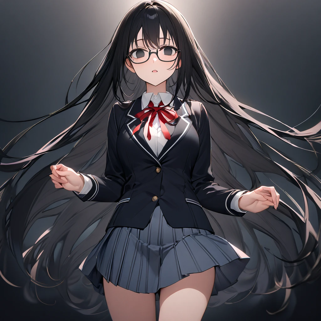 （masterpiece,  best quality:1.2)、((( Female College Student、 black hair、very long hair、Black Eyes、empty eyes、 slender、(((Glasses)))、黒いschool uniform, 黒のmiddle breast, blazer,  red ribbon、 skirt、)))（close mouth）、（no expression）、both hands、forward hands、 point of view