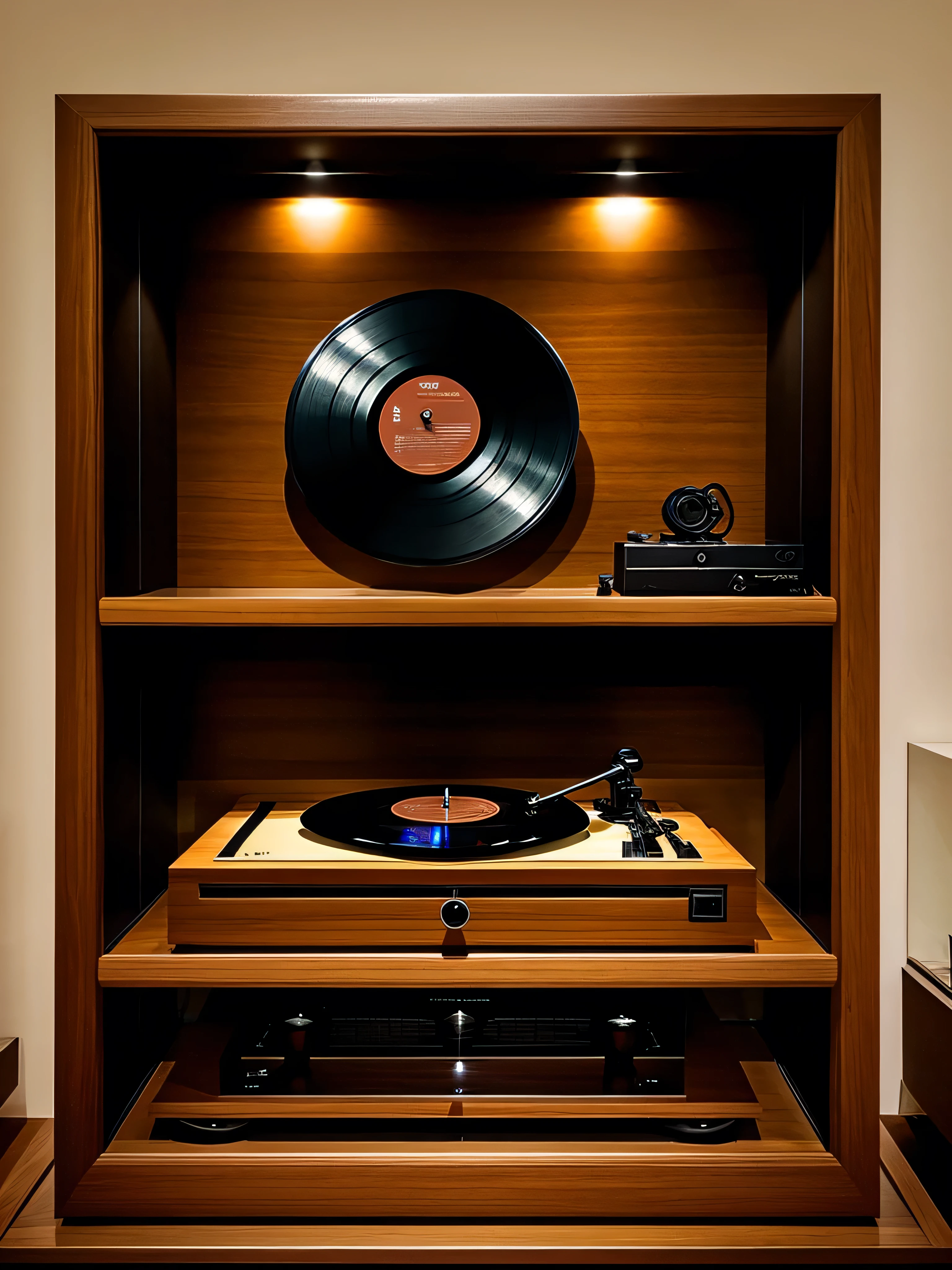 With high definition images， vintage record player displayed at the Louvre、A masterpiece that reminds me of the good old days in a glass case 。