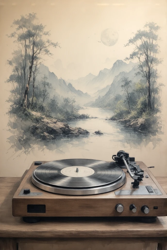 Vintage Record Player，landscape painting