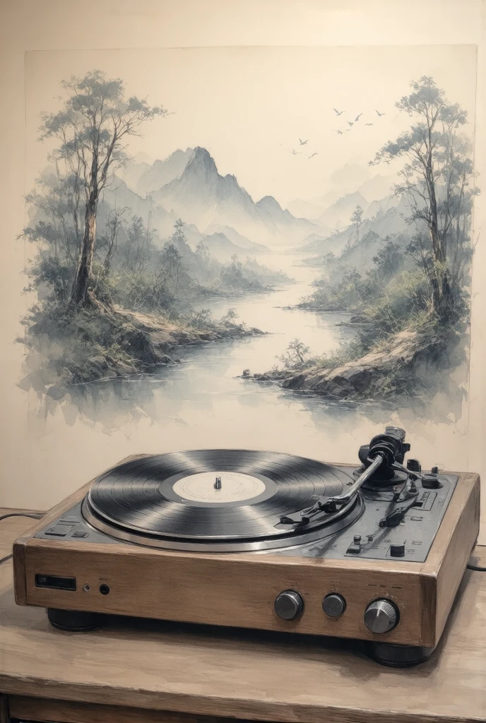 Vintage Record Player，landscape painting