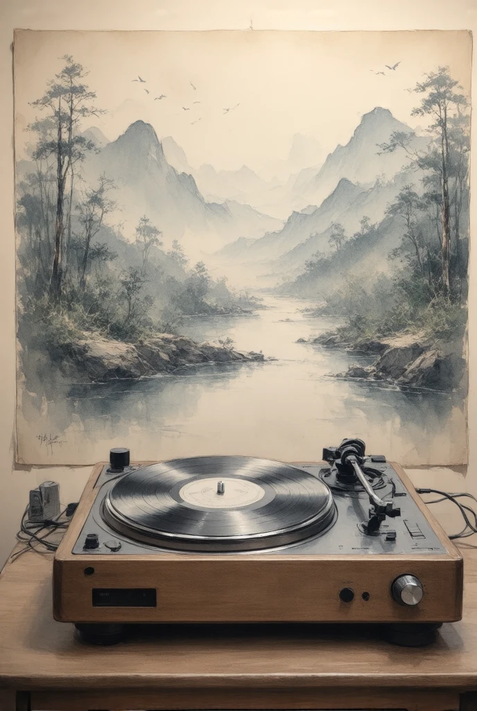 Vintage Record Player，landscape painting