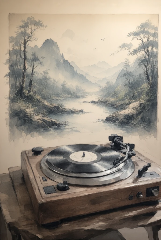 Vintage Record Player，landscape painting