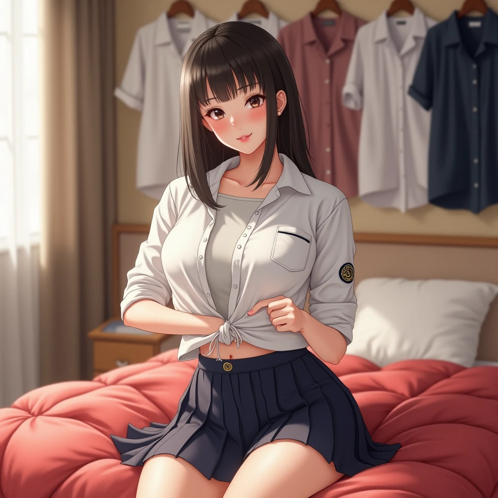 Italian girl, 25 years old, very long brown hair, busty, wearing a small t-shirt, wearing a black pleated miniskirt, hair covering her breasts, bare feet, bedroom